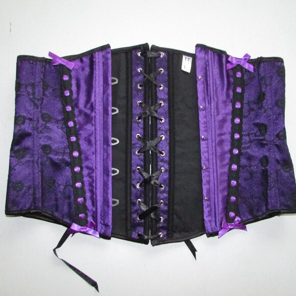 Purple Satin Black Lace Underbust Waist Cincher Corset Set - NEW - Picture 9 of 10